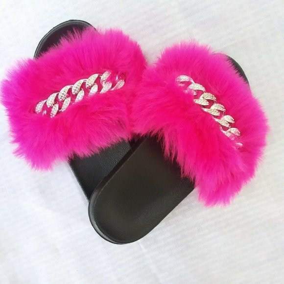 Fuchsia Faux Fur Slides/Slippers/With Chain - Picture 5 of 7